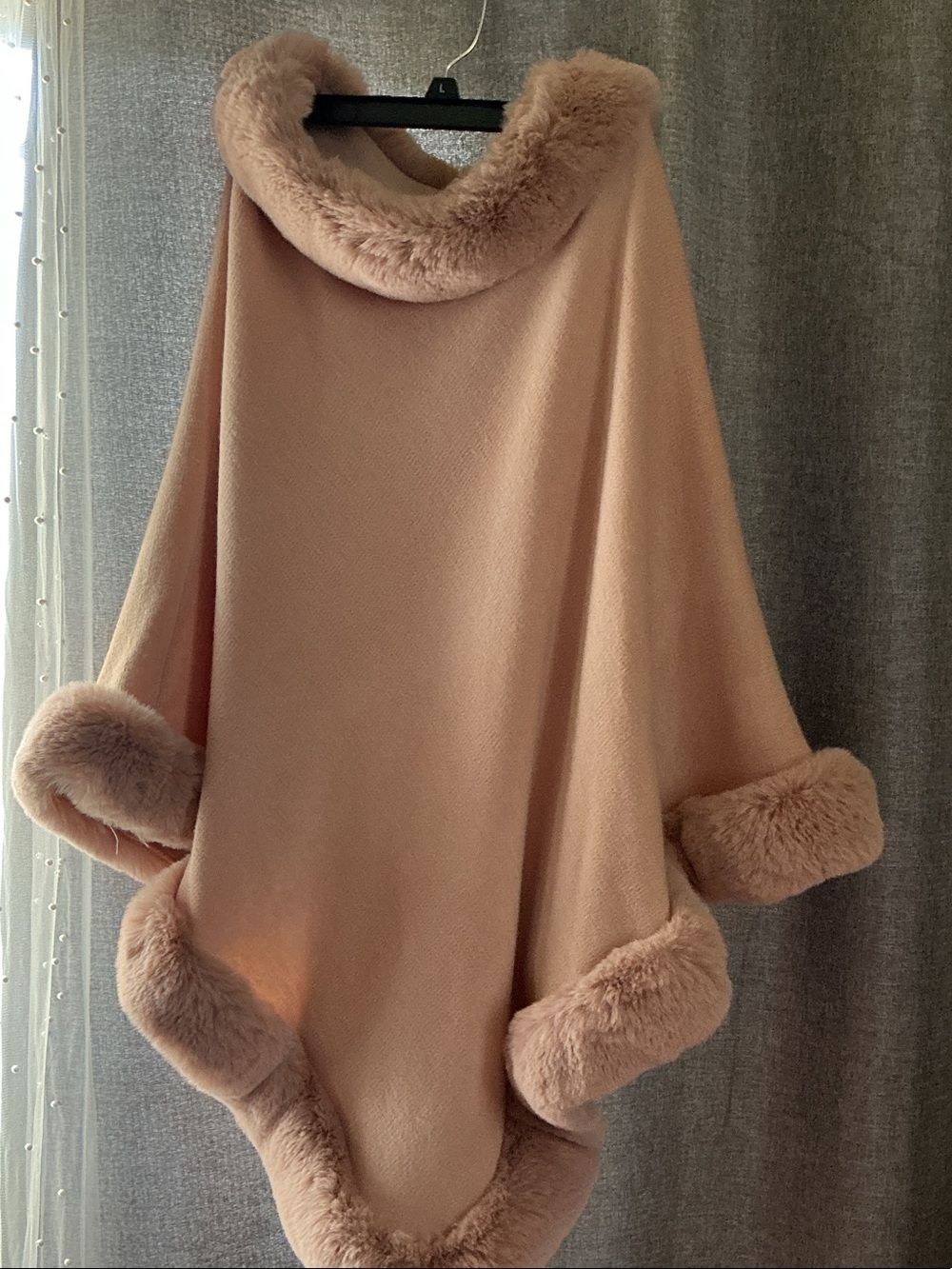 Blush Faux-Fur Trim Poncho Shrug